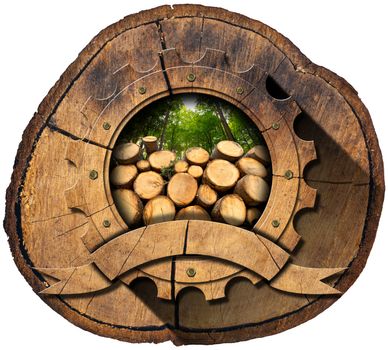 Wooden icon in the shape of gear with trunks of trees cut and green forest on a section of tree trunk. Isolated on white background
