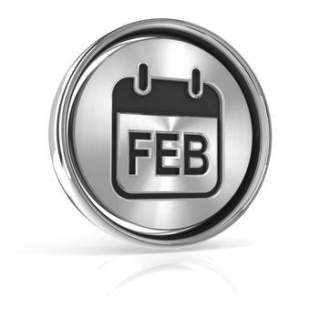 Metallic february calendar icon, 3d render, white background