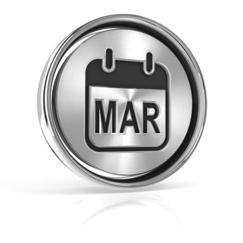 Metallic march calendar icon, 3d render, white background