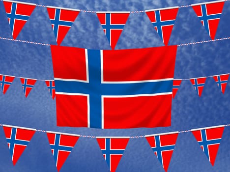 Illustrated flag of Norway with bunting and a sky background