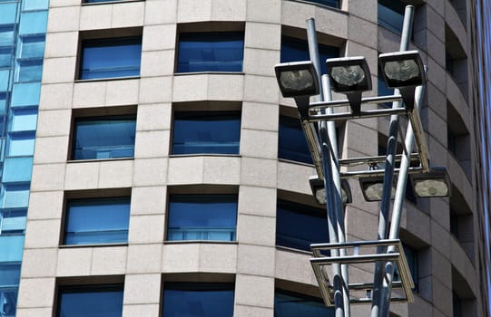 Modern building with glass facade in blue