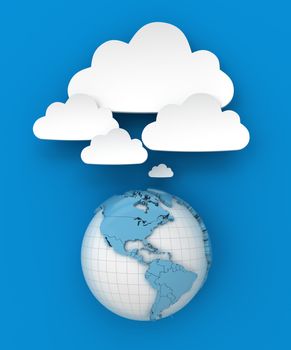 Globe connecting to cloud with copyspace, 3d render, blue background