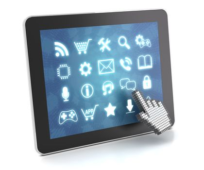 Clicking on a tablet with touchscreen interface, 3d render, white background