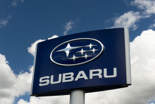 SANTA CLARITA, CA/USA - MARCH 1, 2015: Subaru automobile dealership and sign. Subaru is the automobile manufacturing division of Fuji Heavy Industries.