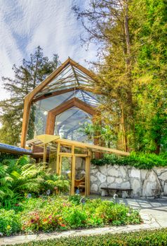 RANCHO PALOS VERDES, CA/USA - FEBRUARY 28, 2015: The Wayfarers Chapel exterior. Wayfarers Chapel is part of the Swedenborgian Church of North America.