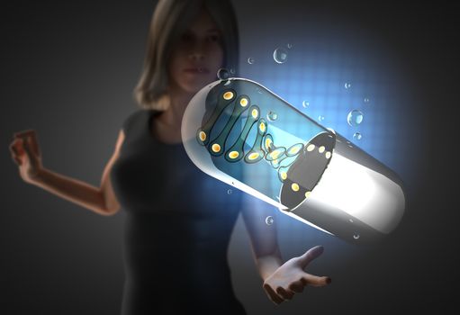 woman and futusistic hologram on hand