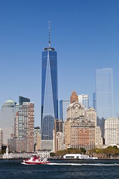 New York, USA - September 27, 2014: Freedom Tower in Lower Manhattan. One World Trade Center is the tallest building in the Western Hemisphere and the third-tallest building in the world.