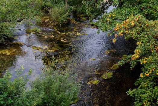 Surface of travertine pond in autumn