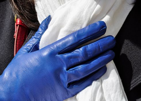 Female blue weather glove and white scarf