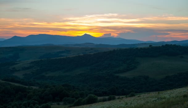 Evening summer landscape in the Ukrainian Carpathian Mountains.