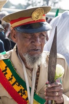 Addis Ababa - Sept 2: A decorated war veteran attends the celebrations of the 119th Anniversary of the Ethiopian Army's victory over the invading Italian forces in the 1896 battle of Adwa. September 2, 2015, Addis Ababa, Ethiopia.