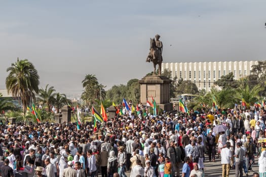 Addis Ababa - Sept 2: A large crowd gathers in front of Emperor Menelik's Monument to celebrate the 119th Anniversary of the Ethiopian Army's victory over the invading Italian forces in the 1896 battle of Adwa. September 2, 2015, Addis Ababa, Ethiopia.