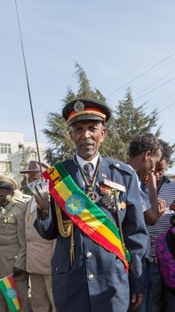 Addis Ababa - Sept 2: A decorated war veteran attends the celebrations of the 119th Anniversary of the Ethiopian Army's victory over the invading Italian forces in the 1896 battle of Adwa. September 2, 2015, Addis Ababa, Ethiopia.