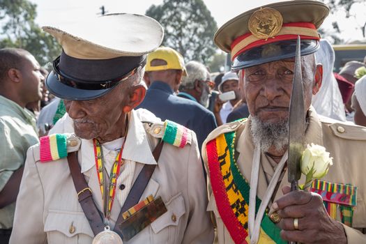 Addis Ababa - Sept 2: Decorated war veterans attends the celebrations of the 119th Anniversary of the Ethiopian Army's victory over the invading Italian forces in the 1896 battle of Adwa. September 2, 2015, Addis Ababa, Ethiopia.