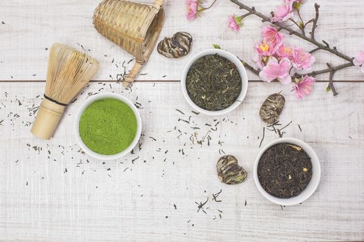 Different types of Japanese green tea leaves and powder green tea, in tea bow