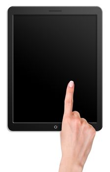 Illustration of modern computer tablet with hand. Isolated on white background