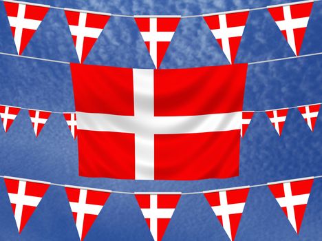 Illustrated flag of Denmark with bunting and a sky background