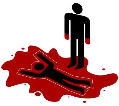 Illustration of a red handed person standing over a dead body