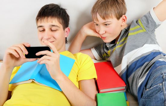 Brothers with a Books and Cellphone on the Bed