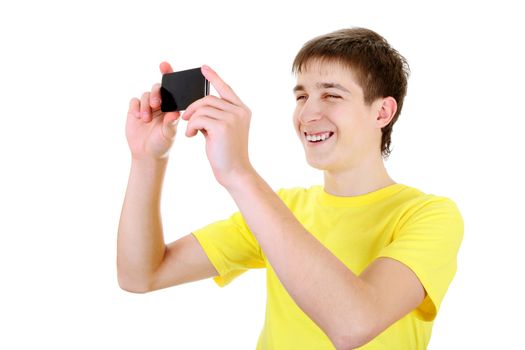 Teenager Take a Picture with a Cellphone on the White Background