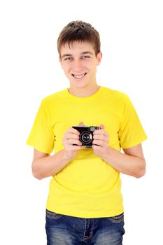 Teenager with Vintage Photo Camera Isolated on the White