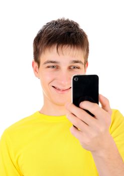 Teenager Take a Picture with a Cellphone on the White Background