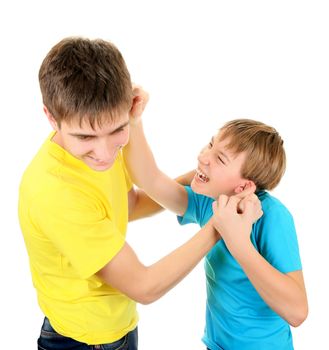 Playful Brothers fight for the Fun on the White background