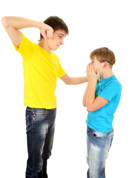 Teenager threaten a Kid on the White Background