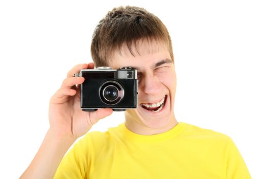 Excited Teenager Take a Picture with Vintage Photo Camera Isolated on the White