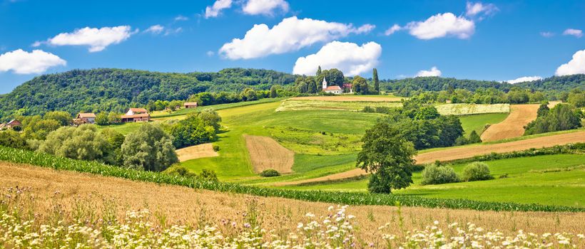 Idyllic agricultural landscape with chapel on the hill panoramic view, Panoramic region of Croatia