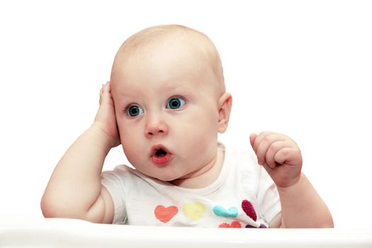 Portrait of a beautiful little girl with a surprised face