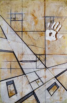 Real Contemporary Painting on Canvas with hand Print and Golden Number.