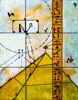 Real Contemporary Painting on Canvas about Hieroglyphs and Pyramids.