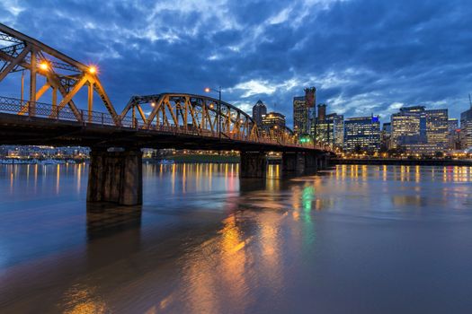 Hawthorne Bridge Over Willamette River to Portland Oregon Downtown During Evening Blue Hour