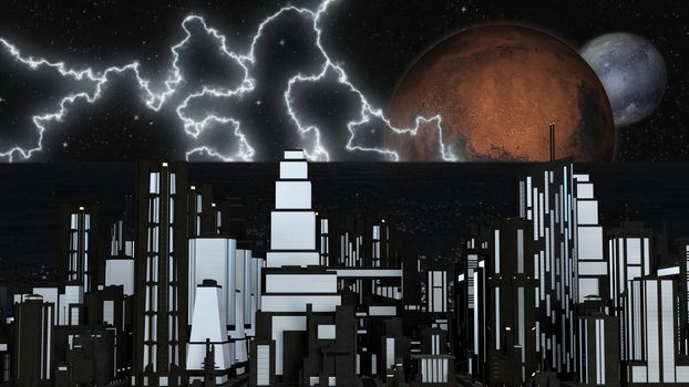 Night futuristic city scene with two planets and stars