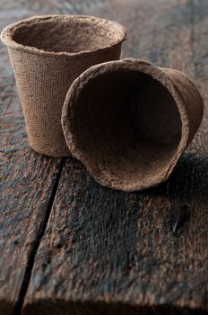 Two Peat Pots on is  wooden background