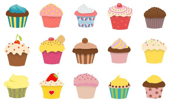 Illustration of 15 styles of cupcakes