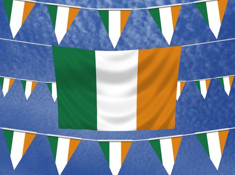 Illustrated flag of Ireland with bunting and a sky background