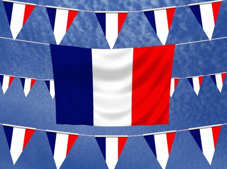 Illustrated flag of France with bunting and a sky background