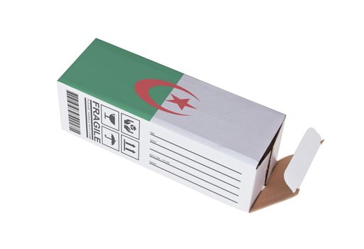 Concept of export, opened paper box - Product of Algeria
