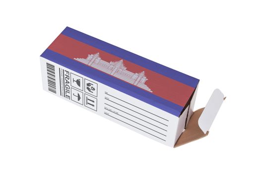 Concept of export, opened paper box - Product of Cambodia