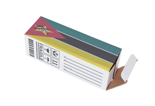 Concept of export, opened paper box - Product of Mozambique