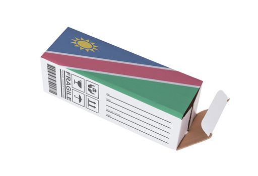Concept of export, opened paper box - Product of Namibia