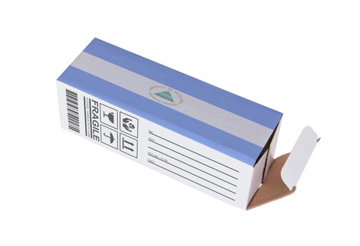 Concept of export, opened paper box - Product of Nicaragua