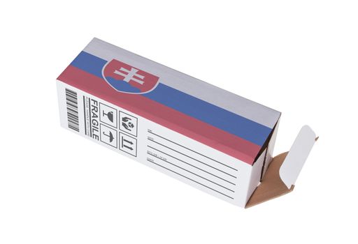 Concept of export, opened paper box - Product of Slovakia