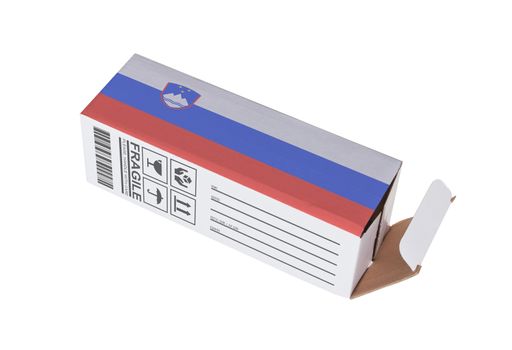Concept of export, opened paper box - Product of Slovenia