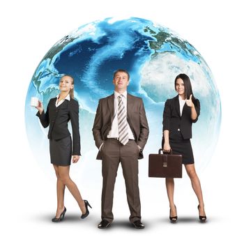 Business people standing in front of Earth. Isolated on white background. Elements of this image furnished by NASA