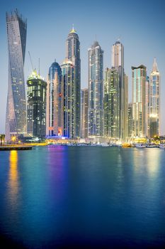 Vertical view of Skyscrapers in Dubai, special photographic processing, UAE.