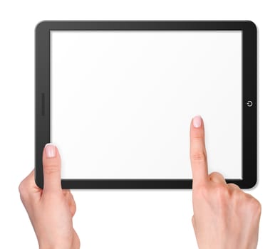 Illustration of modern computer tablet with hands. Isolated on white background