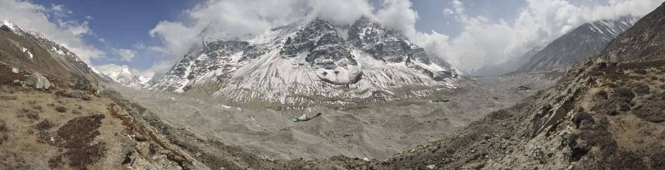 Scenic panorama of valley in Himalayas near Kanchenjunga in Nepal